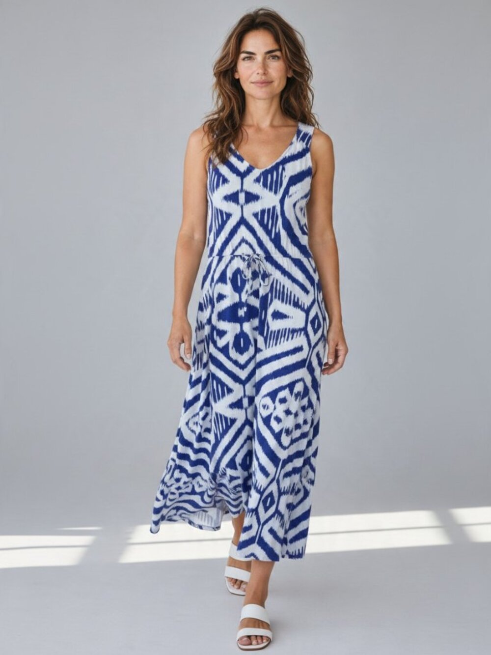 Talbots Blue White Ikat Print Sleeveless Maxi Dress Cotton Modal Stretch, Large